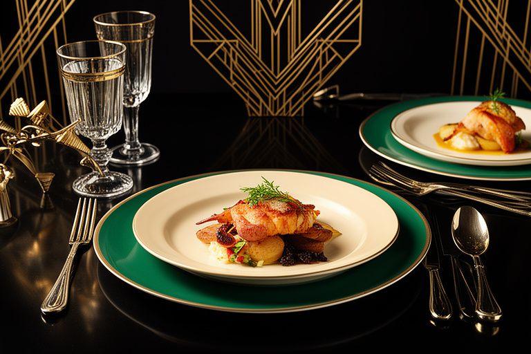 Composición gastronómica inspirada en el Art Deco con vajilla elegante y detalles retro