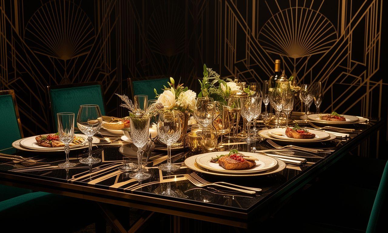 Mesa de alta gastronomía inspirada en el Art Deco con vajilla elegante, geometría dorada y ambiente de lujo