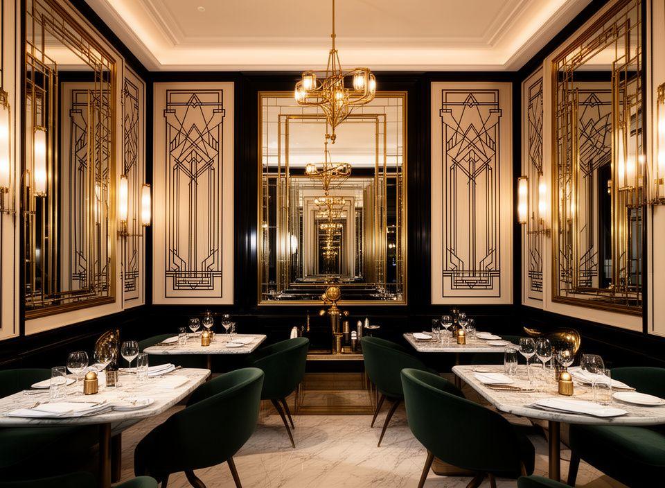 Interior de restaurante de lujo con decoración Art Deco, lámparas geométricas y acabados en negro y dorado